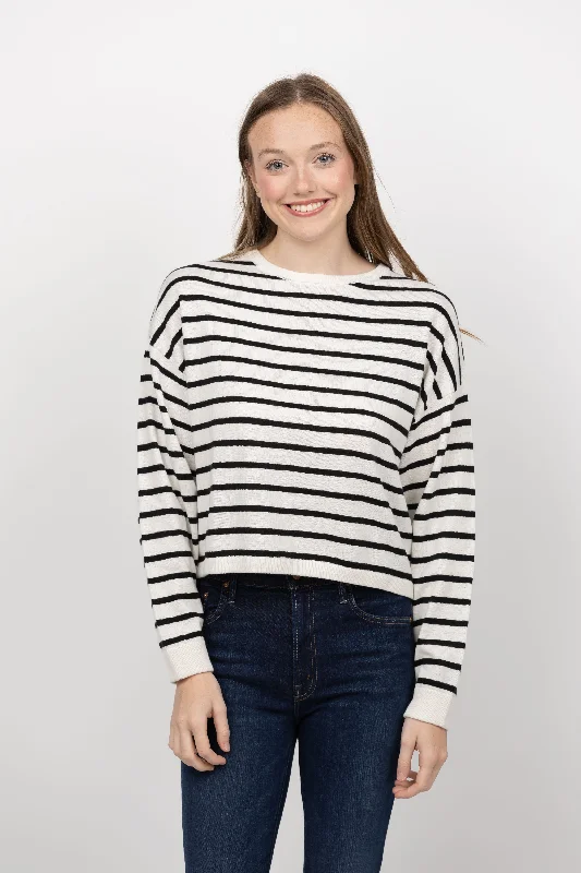 White + Warren Cotton Linen Drop Shoulder Sweater in White/Black Soft Cozy Warm