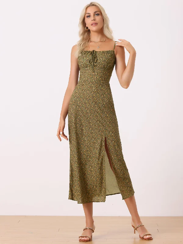 Floral Spaghetti Strap Casual Low Cut Midi Slit Dress Shift Classic Vintage