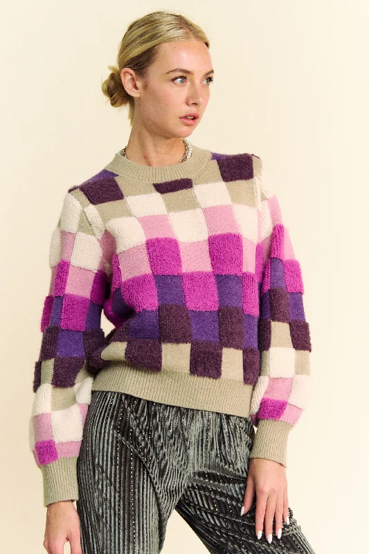 Davi & Dani Checkered Round Neck Long Sleeve Sweater Knit Fabric Woven Fabric Fleece Fabric Davi & Dani Checkered Round Neck Long Sleeve Sweater Knit Fabric Woven Fabric Fleece Fabric