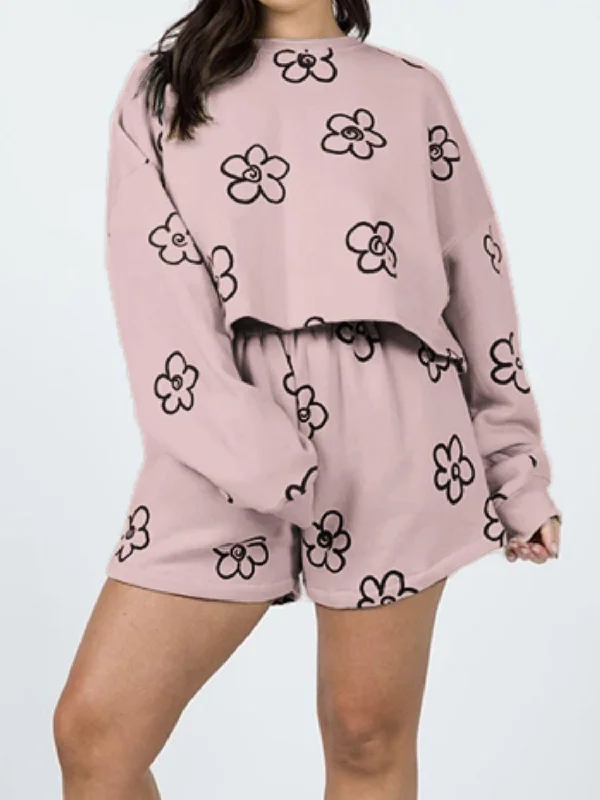 Floral Dropped Shoulder Sweatshirt and Shorts Set Hoodie with Raglan Sleeves Sporty Comfortable Floral Dropped Shoulder Sweatshirt and Shorts Set Hoodie with Raglan Sleeves Sporty Comfortable