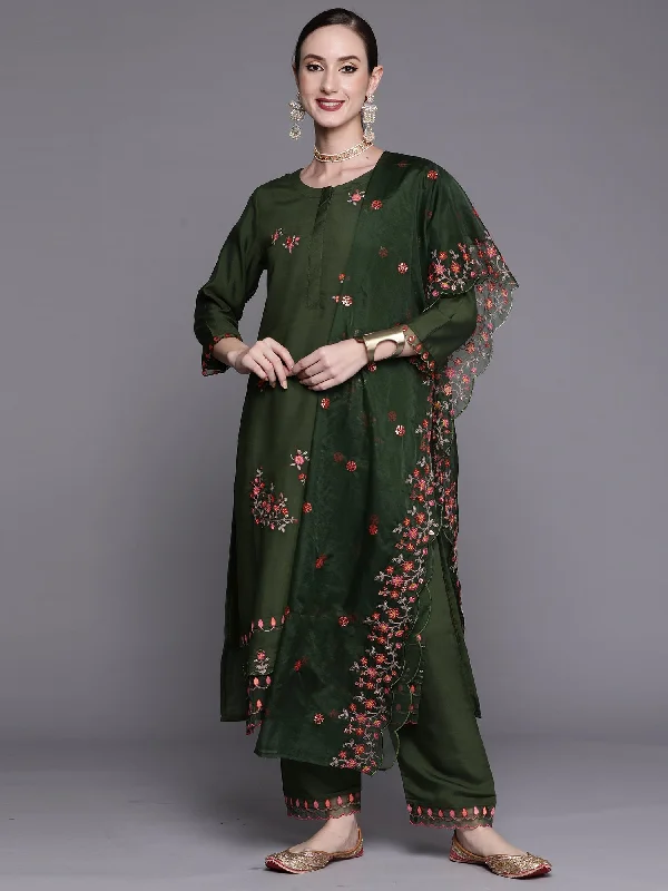 Women's Green Embroidered Straight Kurta Trousers With Dupatta Set - Indo Era Trousers luxurious premium Women's Green Embroidered Straight Kurta Trousers With Dupatta Set - Indo Era Trousers luxurious premium
