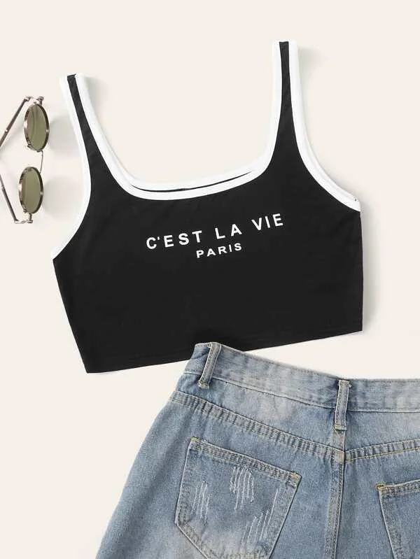 Slogan Graphic Contrast Binding Crop Top Cotton Fabric Linen Fabric Terry Fabric