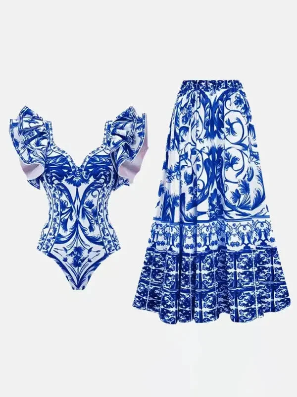 Blue Zone Planet |  Bella's Trendy Floral Skirted Swimsuit denim skirt fashionable