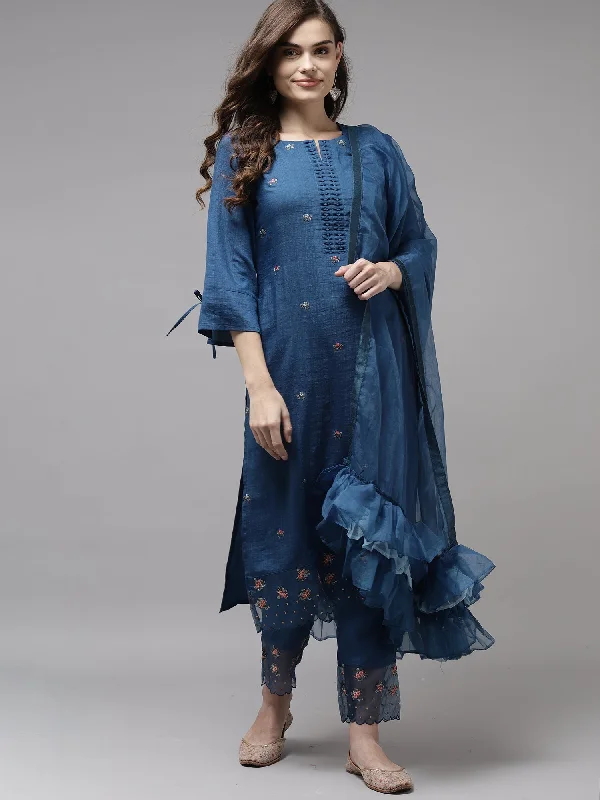 Women's Blue Embroidered Straight Kurta Trouser With Dupatta Set - Indo Era Trousers Fleece Cozy Women's Blue Embroidered Straight Kurta Trouser With Dupatta Set - Indo Era Trousers Fleece Cozy
