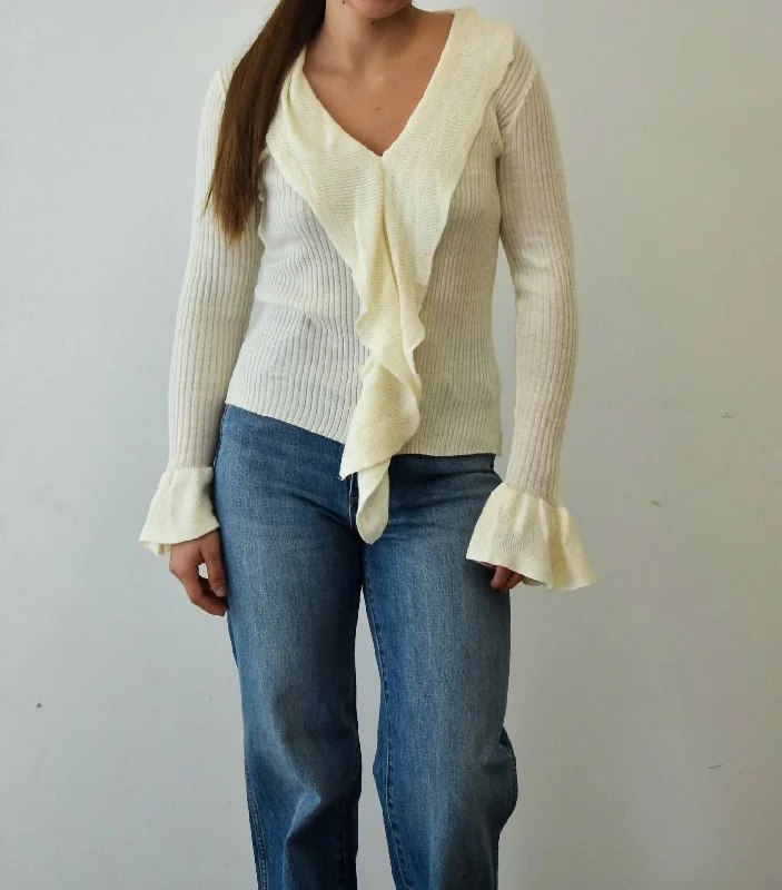 Petra Ruffled Sweater In Ivory Graphic Sweater Embroidered Appliqued