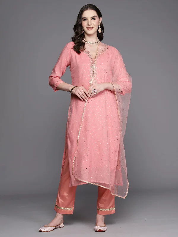 Women's Pink Embroidered Straight Kurta Trousers With Dupatta Set - Indo Era Trousers Travel Practical