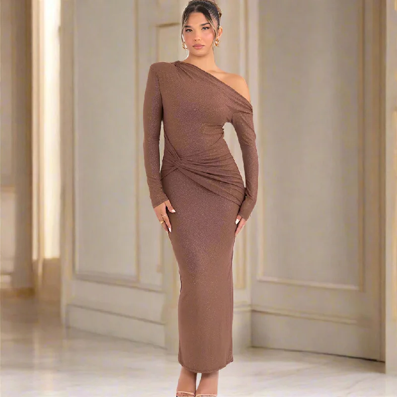 Women's Slim Fit Long Sleeve Oblique Shoulder Pleated Event Gown Dress Tunics Bestseller popular