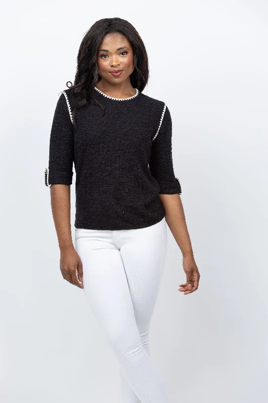 Nic + Zoe Stitched Up Sweater in Black Onyx Beaded Sweater Sequined Faux Fur