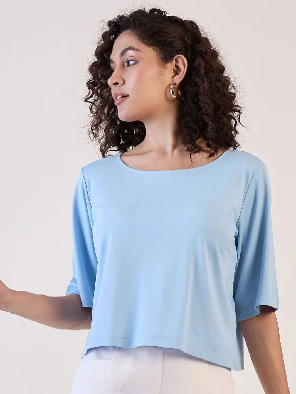 Blue Boat Neck Boxy Fit Crop Top Zippered Buttoned Snapped