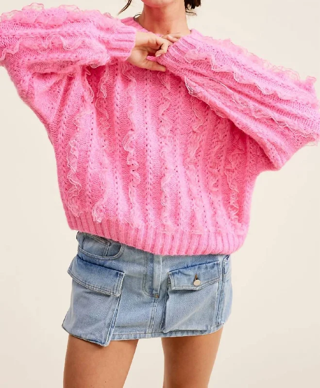 Vertical Sweater In Barbie Pink Wool Fabric Cashmere Fabric Tweed Fabric