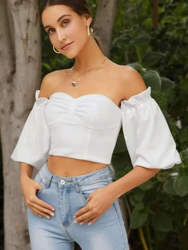 Off Shoulder Exposed Zipper Back Crop Top Print Jacquard Patchwork