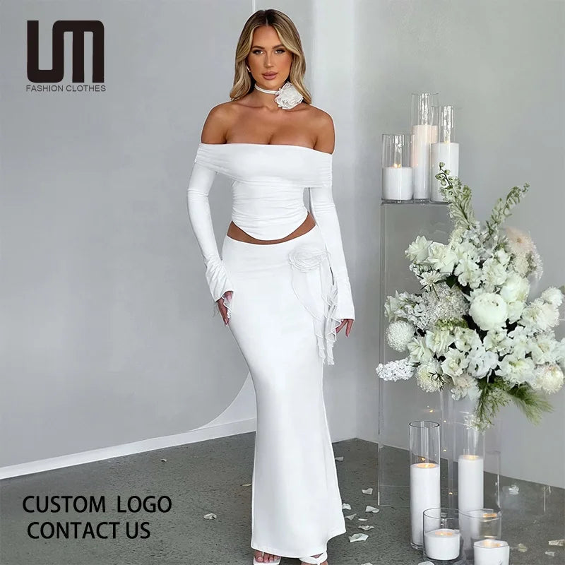 Liu Ming New Wholesale 2024 Fall Winter Women Clothing Sexy Slash Neck Crop Tops Elegant Outfits Flower Party Club Skirts Set Iron Safe Non-Iron Wrinkle Free
