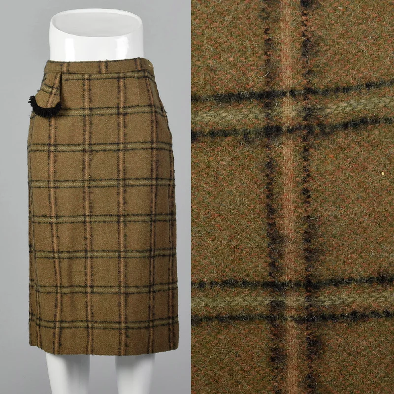 1940s Pencil Skirt in Brown and Green Windowpane Plaid silk skirt elegant