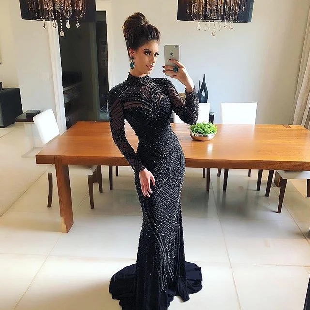 Black Luxury Beaded Long Sleeve Mermaid Open-Back Prom Dress, FC1716 Tunics Sale discount