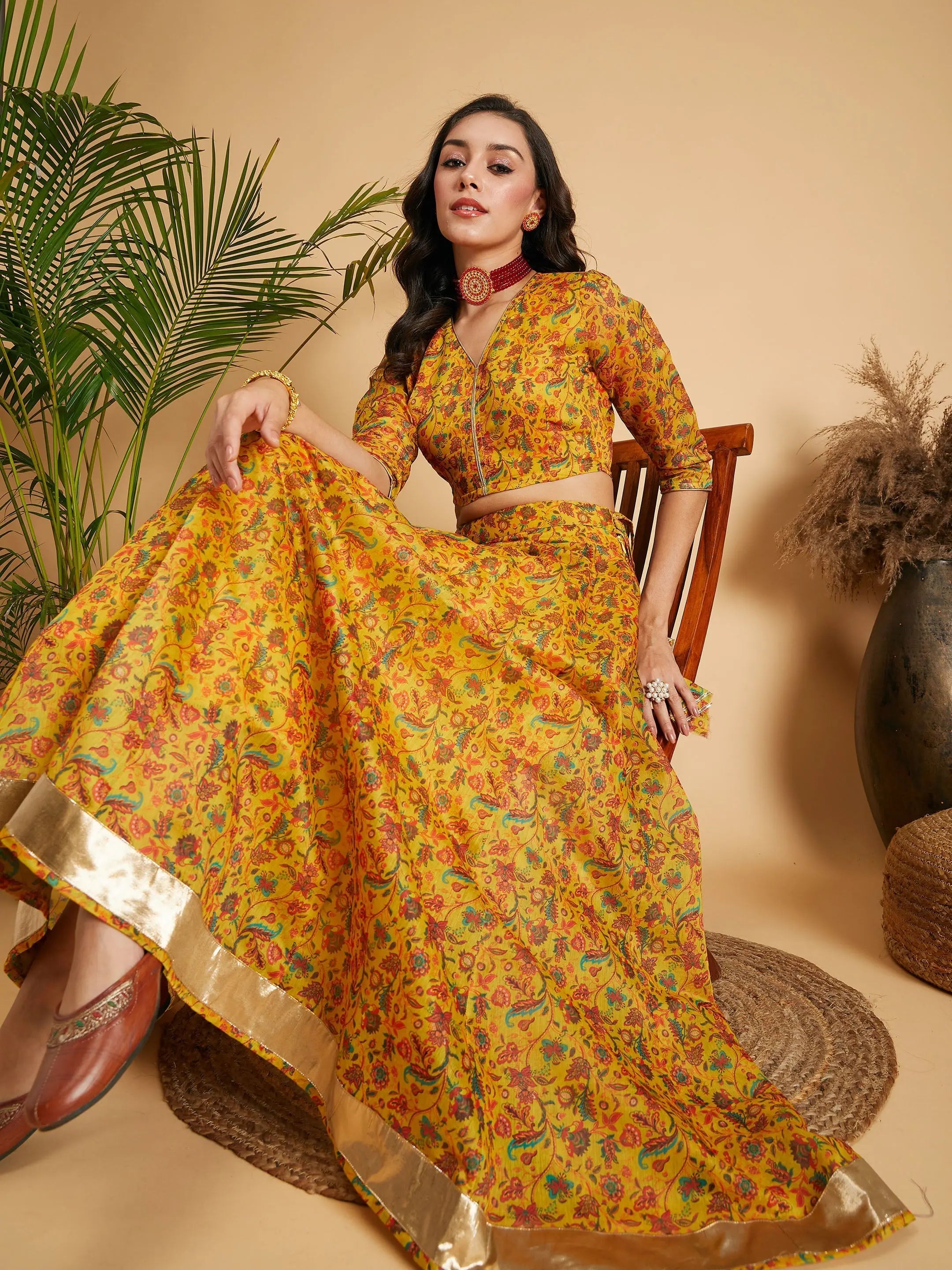 Women Mustard Floral Anarkali Skirt With Crop Top Machine Wash Dry Clean Hand Wash