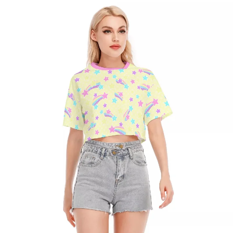 Starry Party Yellow Cotton Crop Top Embroidered Appliqued Beaded