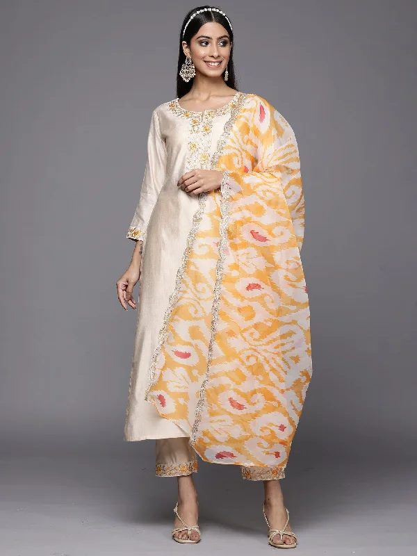 Women's Kesariya White Embroidered Straight Kurta Trouser With Dupatta Set - Indo Era Trousers sophisticated sleek Women's Kesariya White Embroidered Straight Kurta Trouser With Dupatta Set - Indo Era Trousers sophisticated sleek
