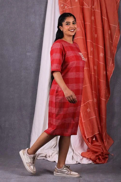 Urmul Desert Crafts "SUNSET" Red Checks Dress Tunics Fashionable chic