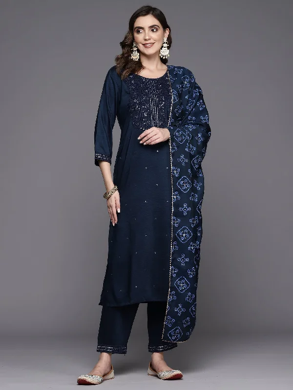Women's Blue Embroidered Straight Kurta Trousers With Dupatta Set - Indo Era Trousers Flared Retro