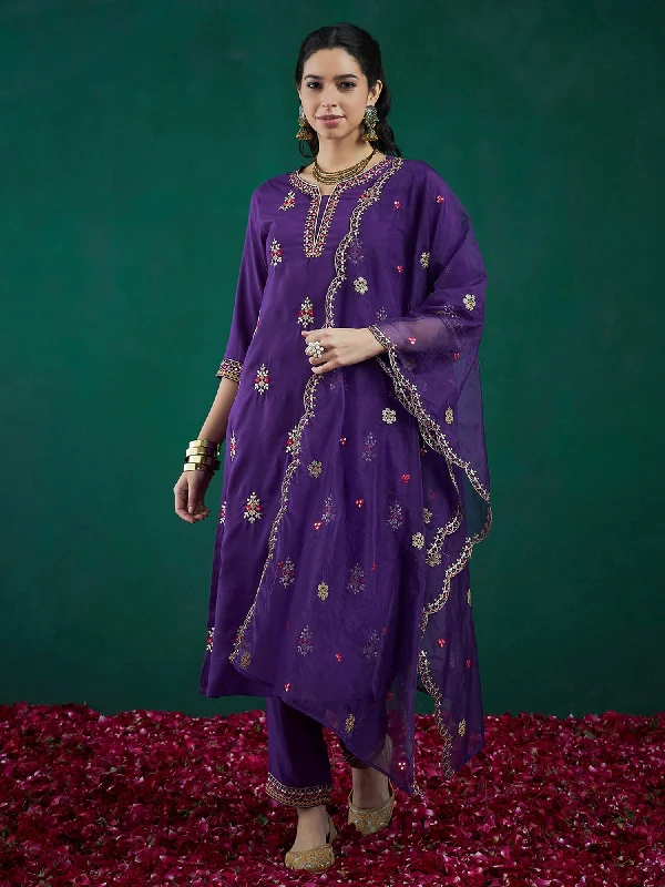 Women's Purple Embroidered Straight Kurta Trousers With Dupatta Set - Indo Era Trousers Bestseller Popular Women's Purple Embroidered Straight Kurta Trousers With Dupatta Set - Indo Era Trousers Bestseller Popular