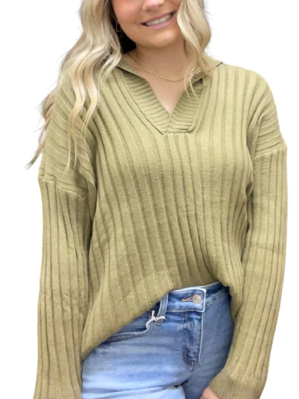 Collared Rib Knitted Sweater In Army Green Turtle Neck Boat Neck Asymmetrical Neck
