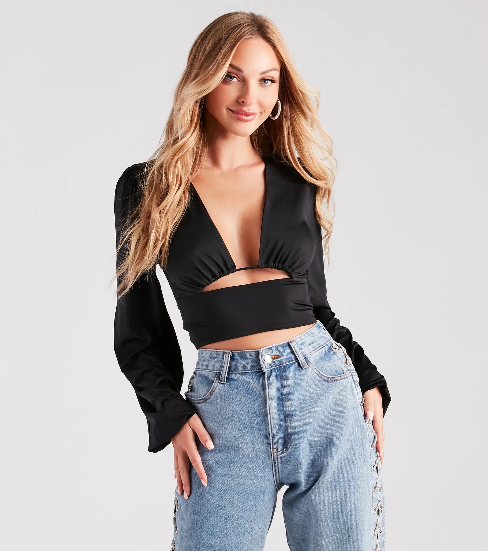 Blown Away Plunge Tie-Back Crop Top Collared Crew Neck Turtle Neck