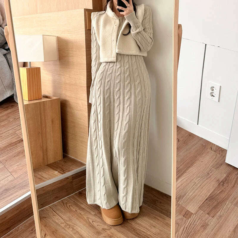 Chic Korean Autumn Winter Knitted Long Sweater Dress Elegant Women Round Collar Twisted Thick Warm Loose A Line Maxi Vestidos Lace Blend Ribbed Blend Corduroy Blend