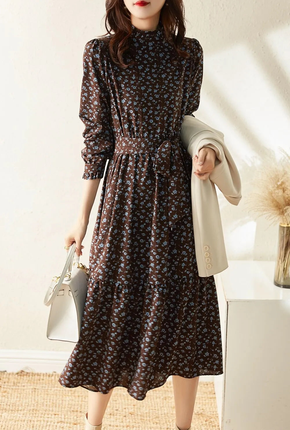 Women's Western Style High Neckline Dark Chocolate Brown Color Dress with Blue Flower Pattern Tunics Essential wardrobe