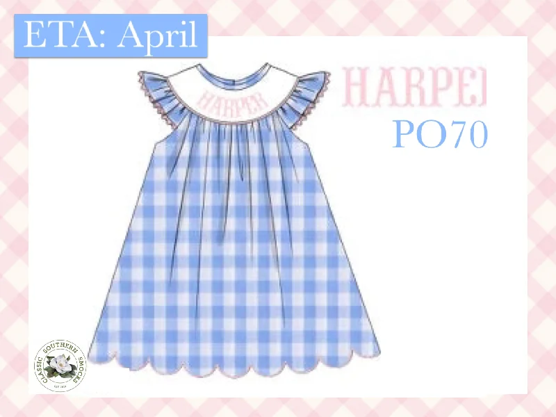 PO70 Blue Check Name Smock Dress Square Neckline Feminine