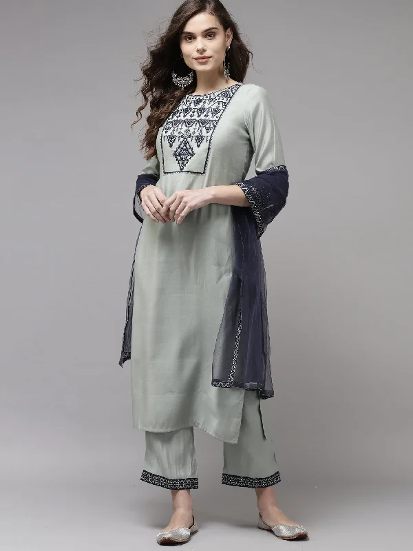 Women's Grey Embroidered Straight Kurta Trouser With Dupatta Set - Indo Era Trousers versatile functional Women's Grey Embroidered Straight Kurta Trouser With Dupatta Set - Indo Era Trousers versatile functional
