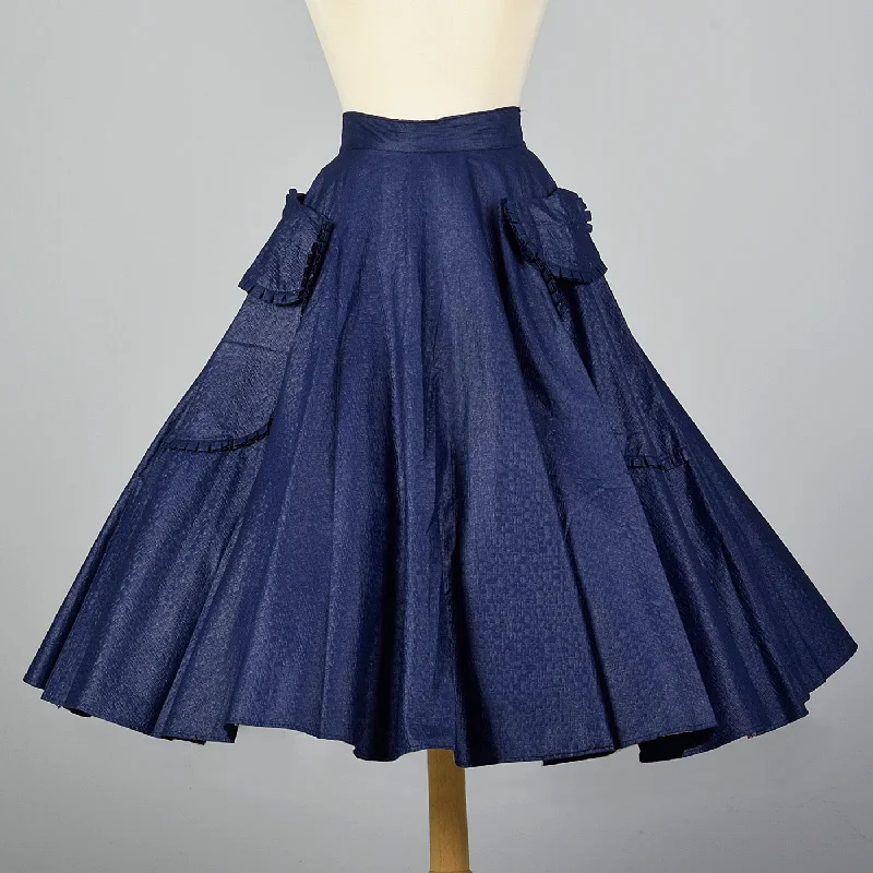 1950s Blue Circle Skirt with Patch Pockets wool skirt breathable