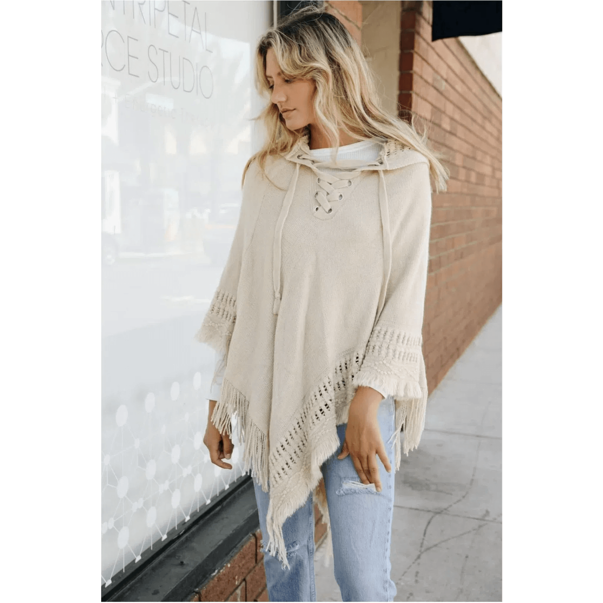 Classic Knit Beach Hoodie Poncho Hoodie with Bell Sleeves Flared Feminine