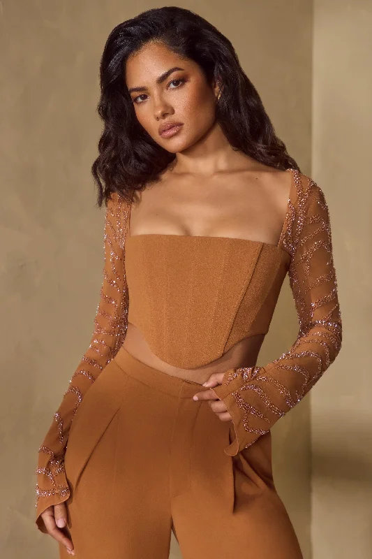 Embellished Sleeve Corset Crop Top in Caramel Rayon Velvet Corduroy