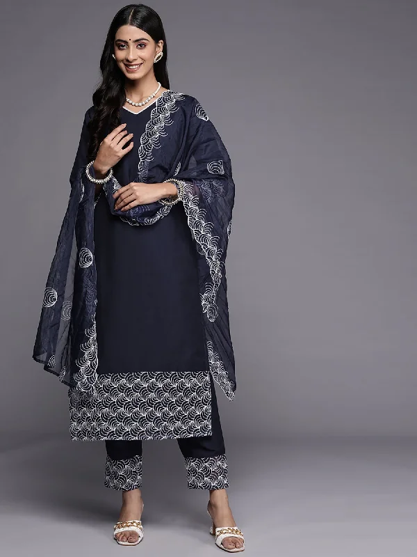 Women's Navy Blue Embroidered Strraight Kurta Trouser With Dupatta Set - Indo Era Trousers fashionable trendy Women's Navy Blue Embroidered Strraight Kurta Trouser With Dupatta Set - Indo Era Trousers fashionable trendy