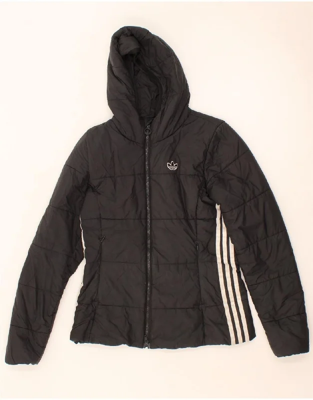 ADIDAS Womens Hooded Padded Jacket UK 10 Small Black Polyester A-Line Jacket Boat Neck Shawl Collar ADIDAS Womens Hooded Padded Jacket UK 10 Small Black Polyester A-Line Jacket Boat Neck Shawl Collar