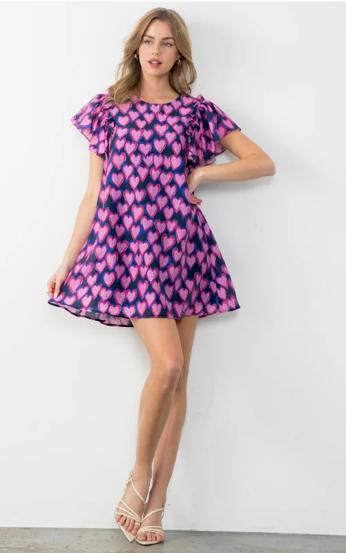 Flutter Sleeve Heart Print Dress Off-the-shoulder Chic Trendy