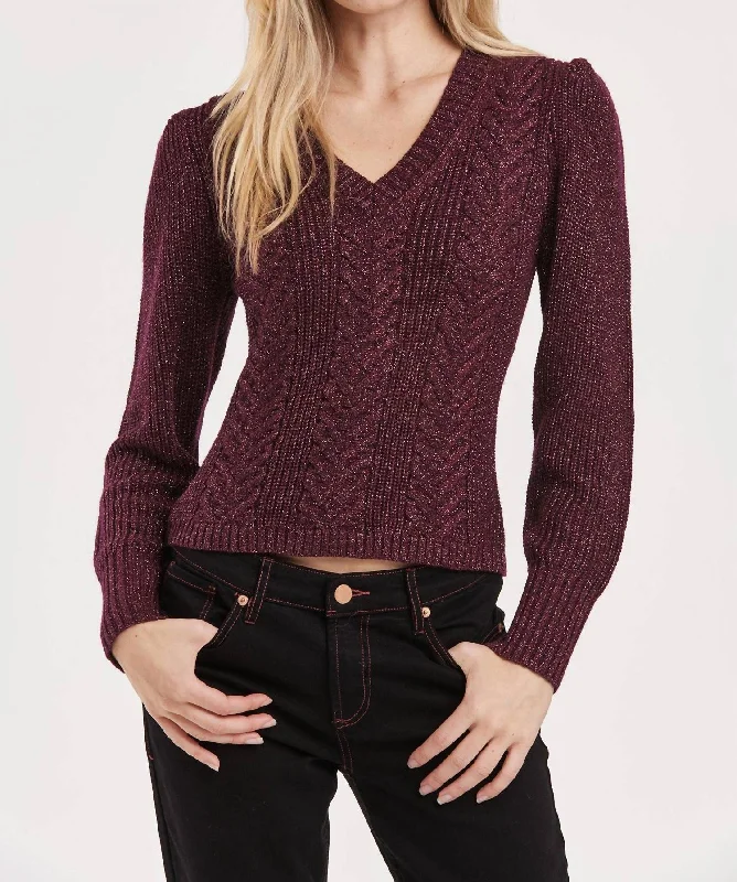 Thalia V-Neck Long Sleeve Sparkle Sweater In Blackberry Beaded Sweater Sequined Faux Fur