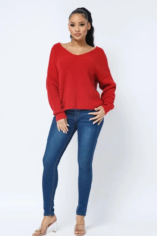 Rust Red Twist Open Back Loose Fit V Neck Long Sleeve Cozy Sweater Available in Sizes M-XL Elasticated Padded Insulated