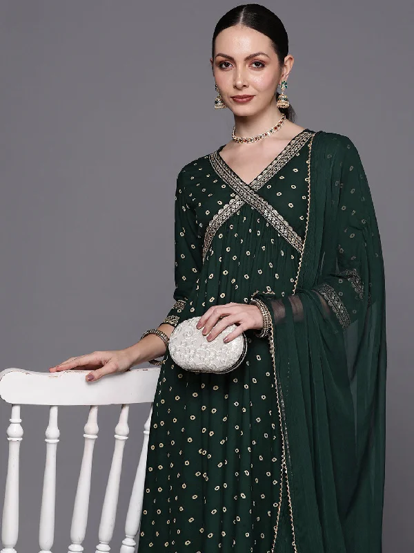 Women's Green Embroidered A-Line Kurta Trousers With Dupatta Set - Indo Era Trousers fashionable chic Women's Green Embroidered A-Line Kurta Trousers With Dupatta Set - Indo Era Trousers fashionable chic