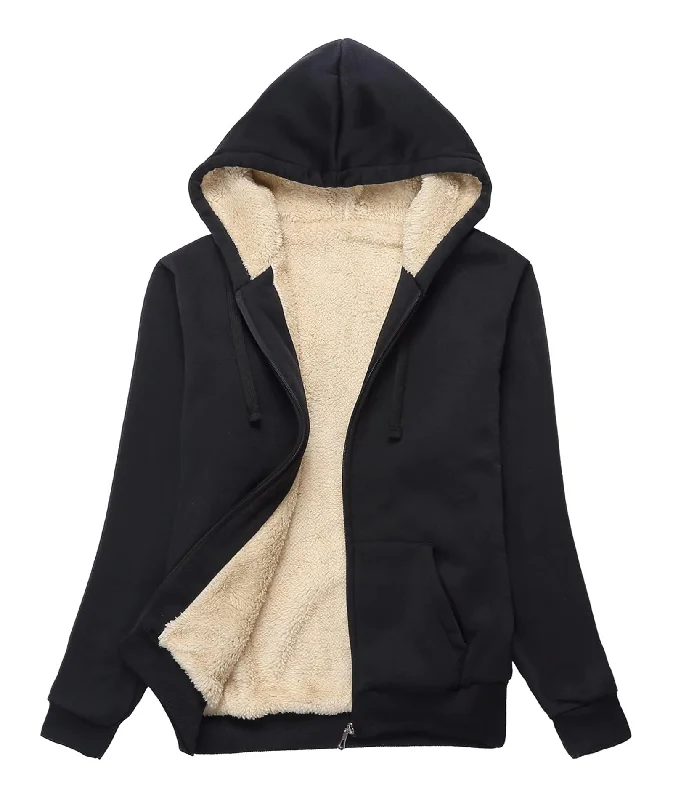 Women's Sherpa Lined Fleece Zip-Up Hoodie-ZPK006050 Hoodie with Hem Applique Textured Unique