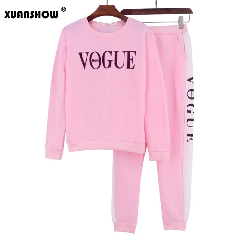 XUANSHOW Tracksuit 2019 Autumn Winter Women's Suit VOGUE Letter Printed 0-Neck Sweatshirt + Patchwork Long Pant 2 Piece Set Hoodie with Slim Fit Tailored Modern