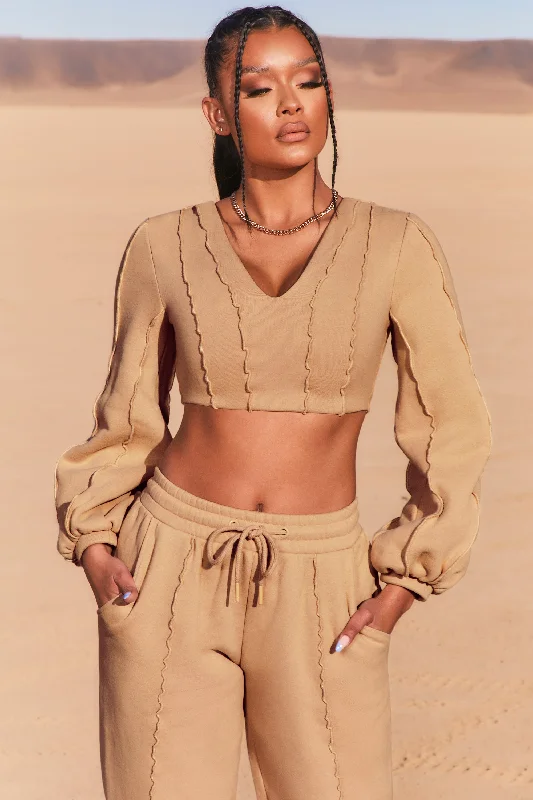 Uncovered Exposed Seam Bardot Crop Top in Beige Silk Blend Satin Velvet