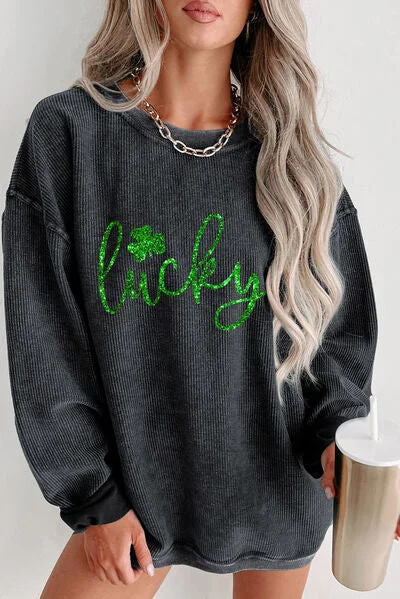 Hazel Blues® |  LUCKY Round Neck Dropped Shoulder Sweatshirt Hoodie with Cuffed Sleeves Snug Secure