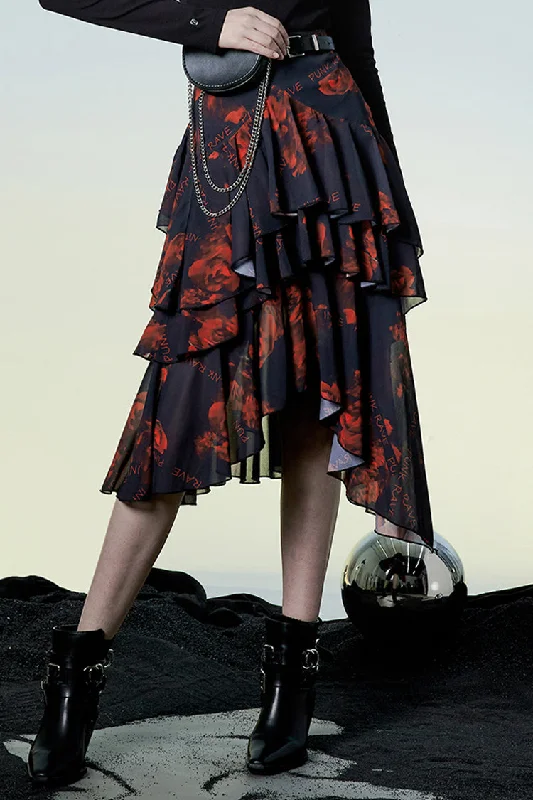 Black/Red Layered Irregular Skirt Pattern Printing Decoration High Waist Chiffon Women's Punk Skirt lace skirt intricate Black/Red Layered Irregular Skirt Pattern Printing Decoration High Waist Chiffon Women's Punk Skirt lace skirt intricate