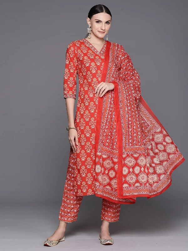 Women's Red Printed Straight Kurta Trousers With Dupatta Set - Indo Era Trousers versatile all-occasion Women's Red Printed Straight Kurta Trousers With Dupatta Set - Indo Era Trousers versatile all-occasion