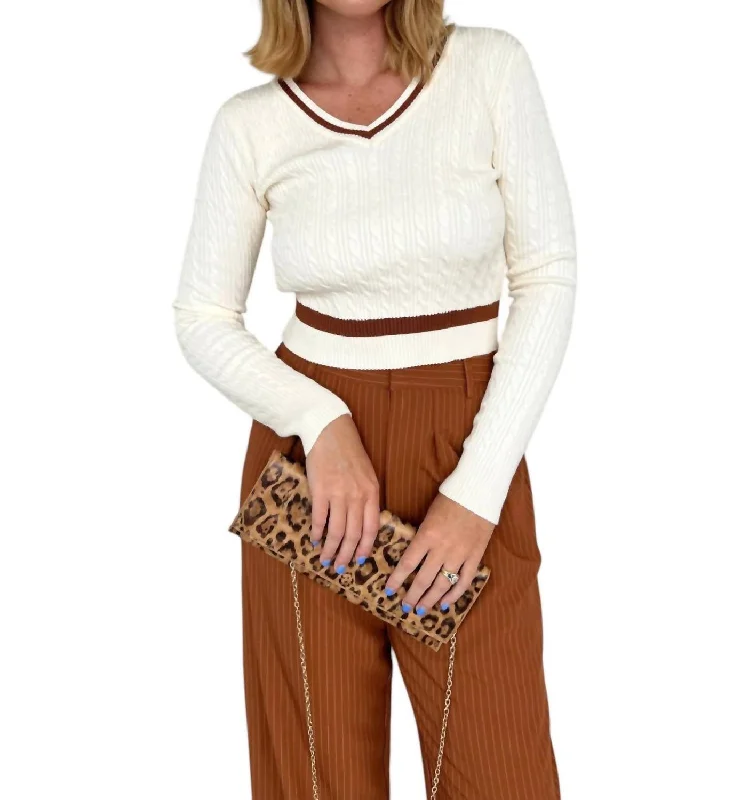 Lois Cable Knit Sweater In Ivory/brown Bright Pastel Dark