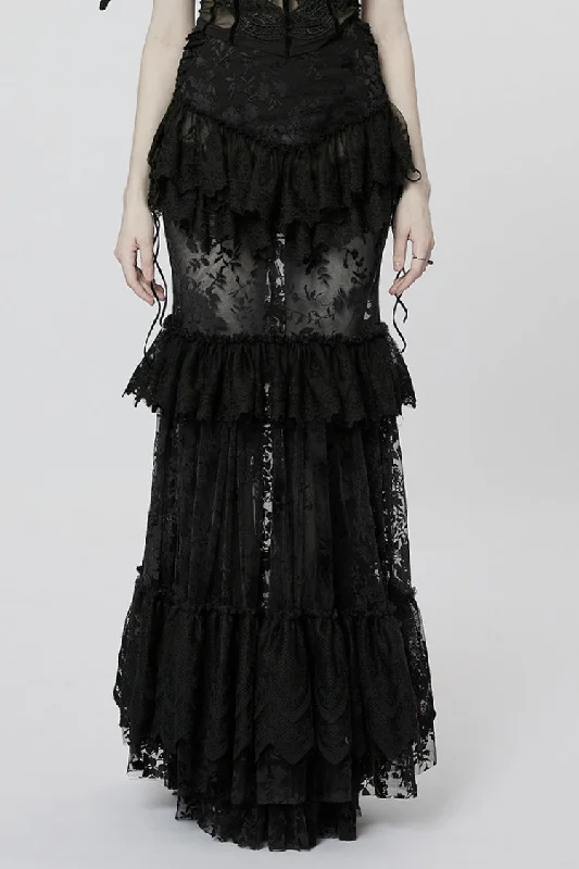 Black Multi-layer Print Ruffle Stitching Lace Sheer Women's Gothic Gorgeous Skirt ribbed skirt waist Black Multi-layer Print Ruffle Stitching Lace Sheer Women's Gothic Gorgeous Skirt ribbed skirt waist