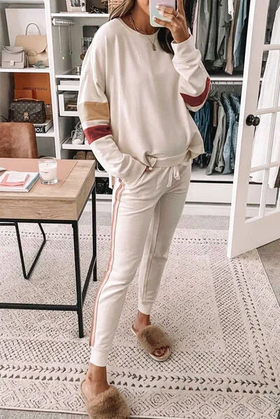 Hazel Blues® |  Striped Round Neck Sweatshirt and Drawstring Joggers Set Hoodie with Rolled Sleeves Casual Relaxed