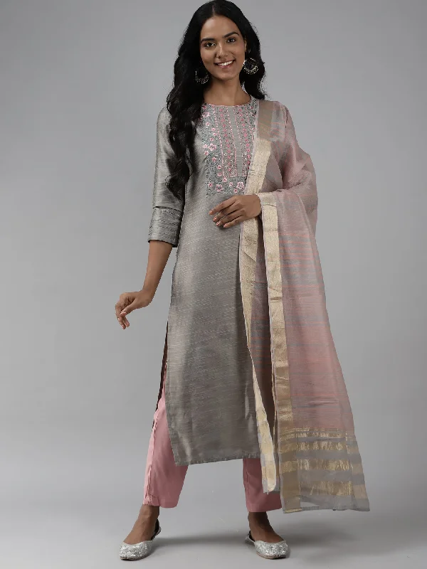 Women's Grey Embroidered Straight Kurta Trouser With Dupatta Set - Indo Era Trousers Denim Blue Women's Grey Embroidered Straight Kurta Trouser With Dupatta Set - Indo Era Trousers Denim Blue