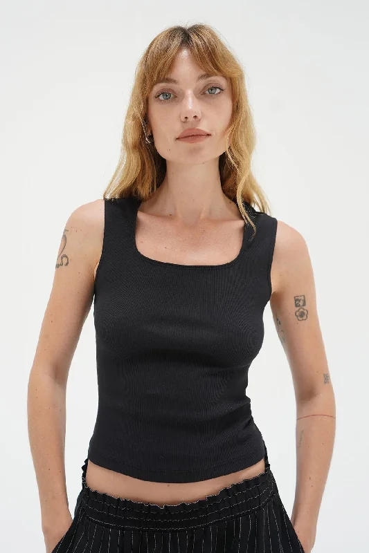 Ballet Cotton Rib Scoop Tank - Black flowy tank top